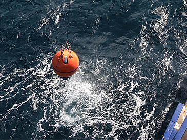 An acoustic current meter, built into a mooring buoy being prepared for deployment in the Atlantic. The ocean current is measured with these instruments. 