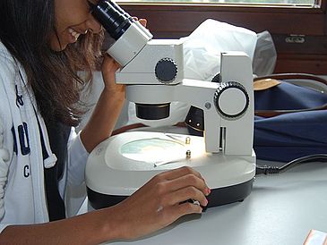 Schülerin schaut durch Mikroskop